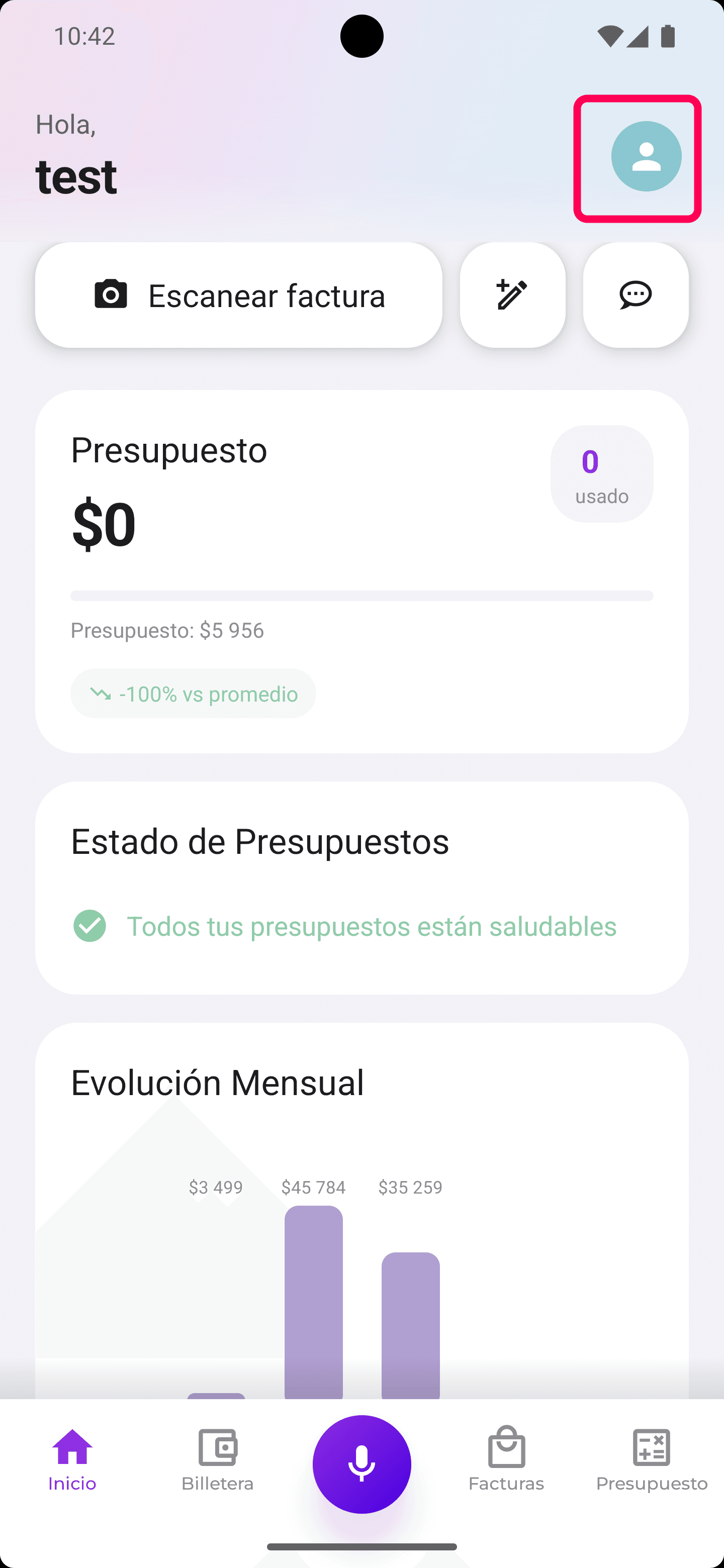 Perfil en inicio